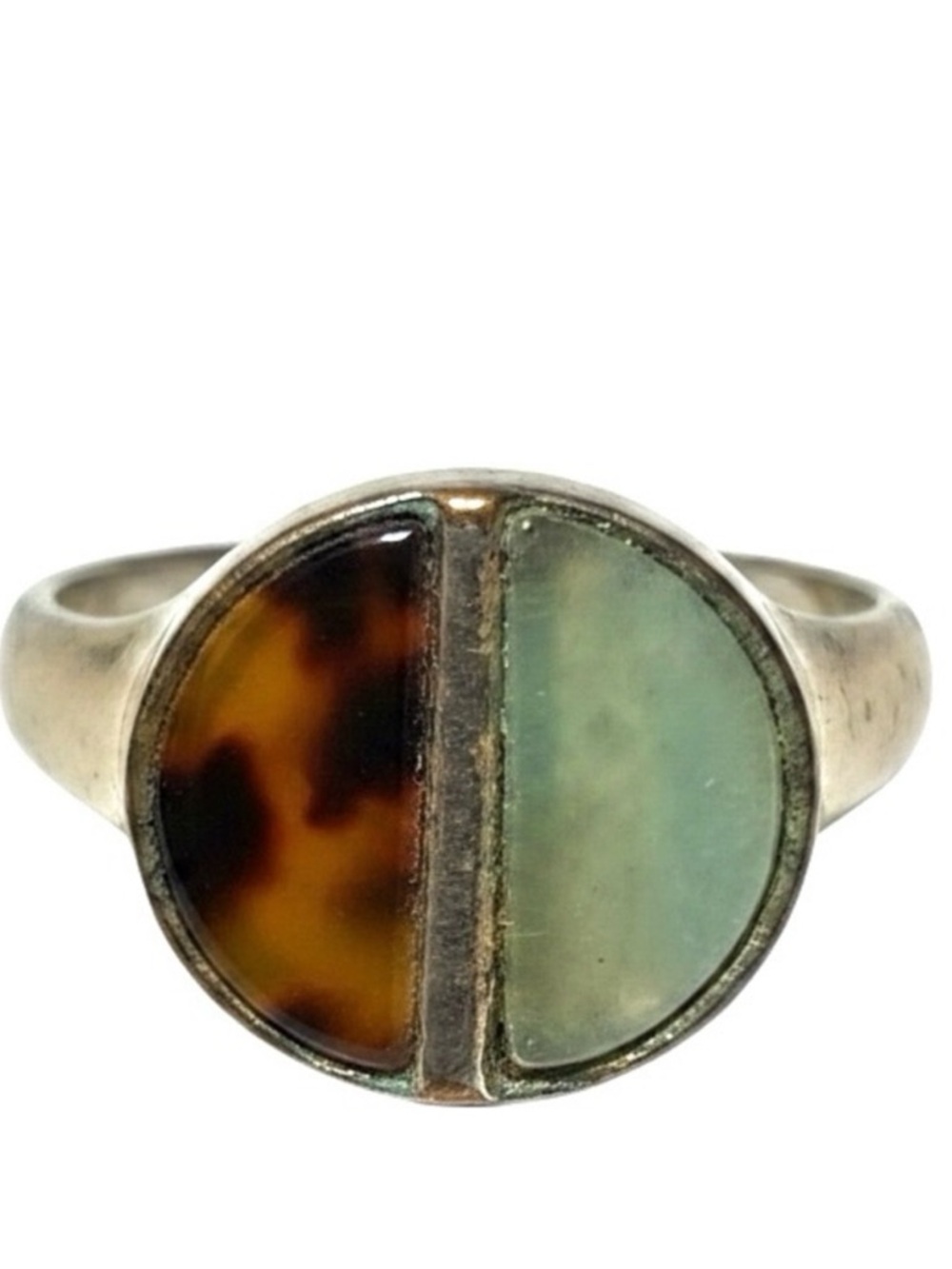 Vintage Tortoiseshell & Turquoise Green Inlay Silver Statement Ring
